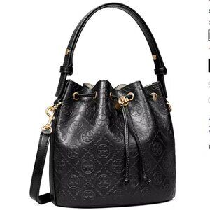 Tory Burch T Monogram Leather Bucket Bag - Black - NWT